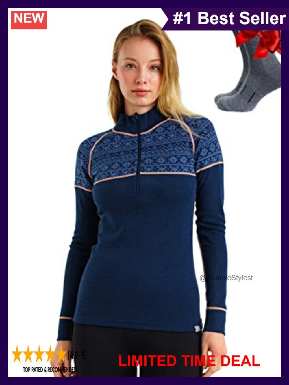 100% Merino Wool Quarter Zip Sweater Women Thermal Base Layer